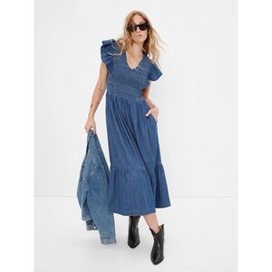 GAP Organic Cotton Smocked Flutter Sleeve Denim Midi Dress with Washwell Medium